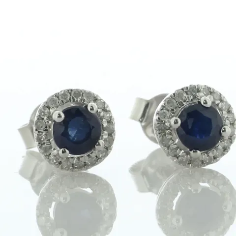 9ct White Gold Single Stone With Halo And Sapphire Stud Earring (S0.57) 0.15 Carats