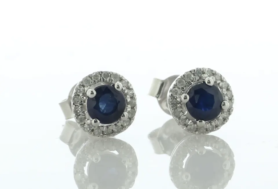 9ct White Gold Single Stone With Halo And Sapphire Stud Earring (S0.57) 0.15 Carats