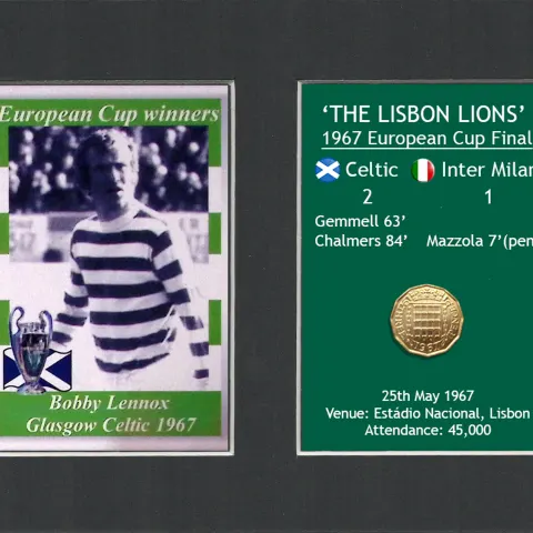 Bobby Lomax Celtic FC European Cup Mount & Original Half-Crown Coin Metal Art