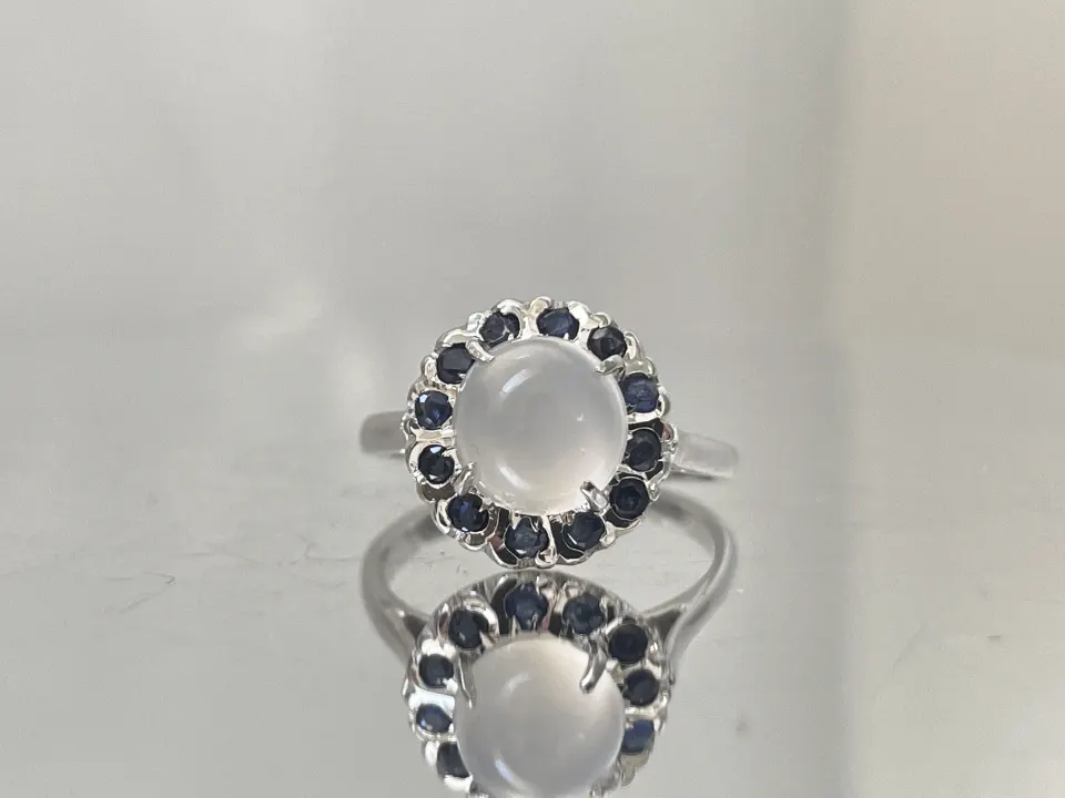 Natural 1.75 CT Moonstone Ring With Natural Blue Sapphire And 18k Gold