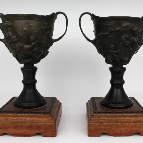 Pair of 19th c. Bronze Two Handled Urns