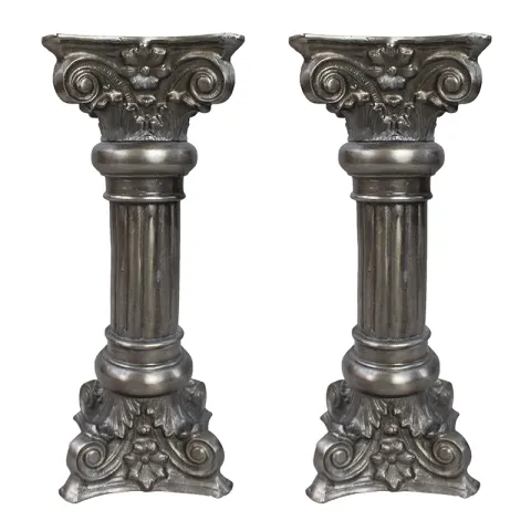 Pair of Ornate Silvered Column Pedestal Stand