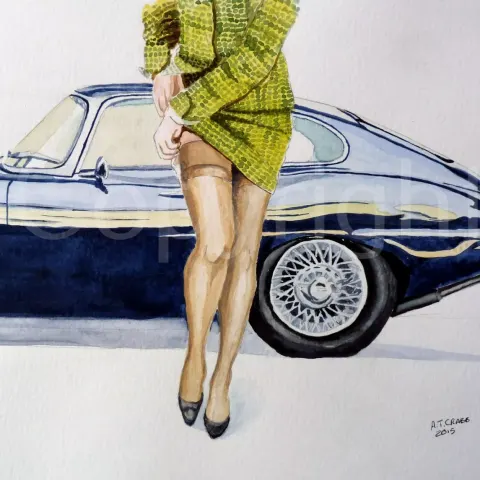 E Type Jaguar Lady Stocking Garter Leg Scene Metal Wall Art