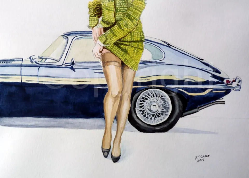 E Type Jaguar Lady Stocking Garter Leg Scene Metal Wall Art