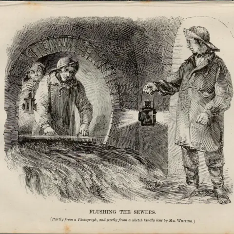 London Flushing The Sewers Antique Rare 1864 Henry Mayhew Print.