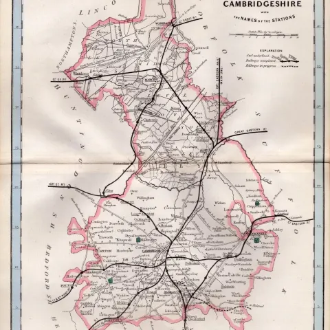 Cambridgeshire Cruchley Scarce Antique Railways & Stations Coloured Map.