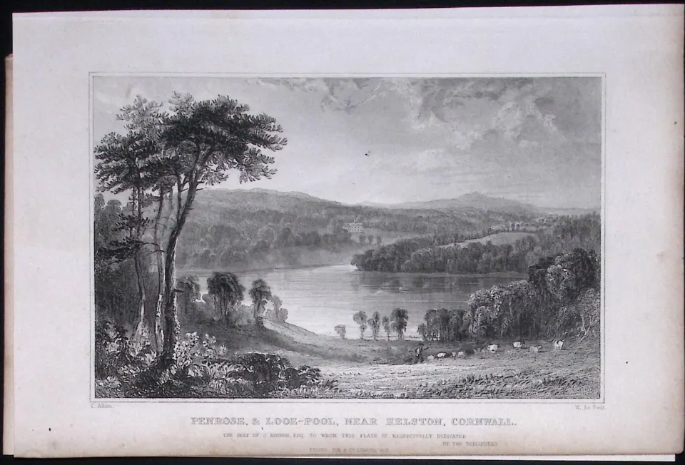 Cornwall Helston Penrose & Looe-Pool Antique 193 Years-Old Steel-Engraving-20