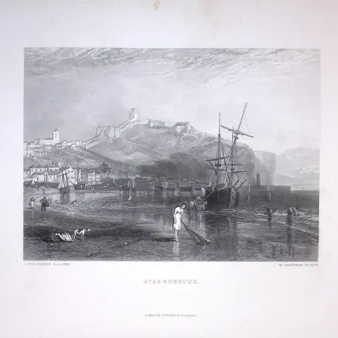 J.M.W Turner View of Scarborough From The Beach Antique Steel Engraving-49-TR