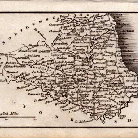 Durham Antique Copper Engraved  George IV Map by Sidney Hall.