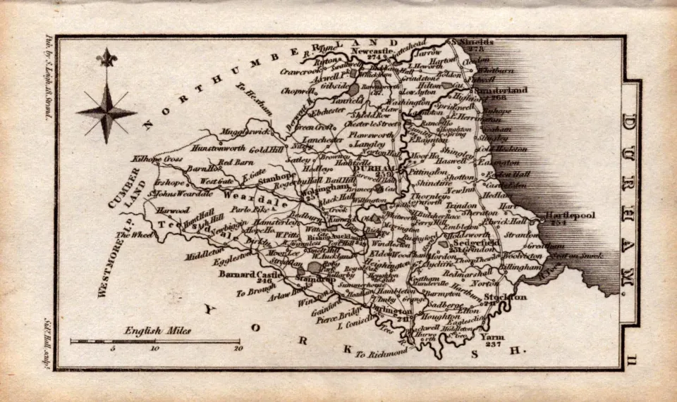 Durham Antique Copper Engraved  George IV Map by Sidney Hall.
