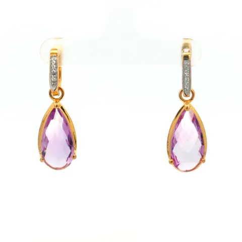Earrings Pink Amethyst Briolite Pears 18x9mm - 2Pcs + White Topaz Round 1.10mm - 6Pcs + White Topaz