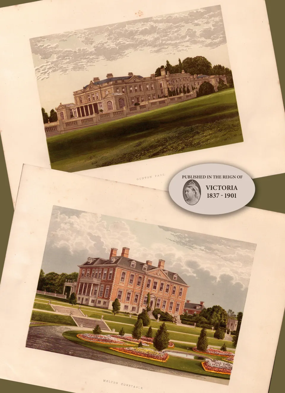 Norfolk 150 Years-Old 2 Stunning Gilt-Edge Coloured Victorian Antique Book Plates.