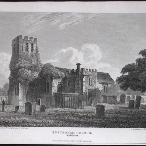 London Tottenham Church & Graveyard Antique 200 Years-Old Steel-Engraving-97
