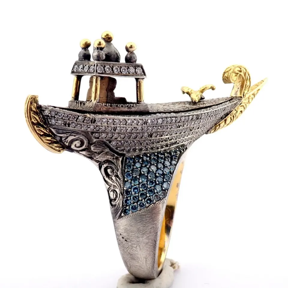 Hand-made galleon  ring intricately detailed with brilliant diamonds and gold on silver