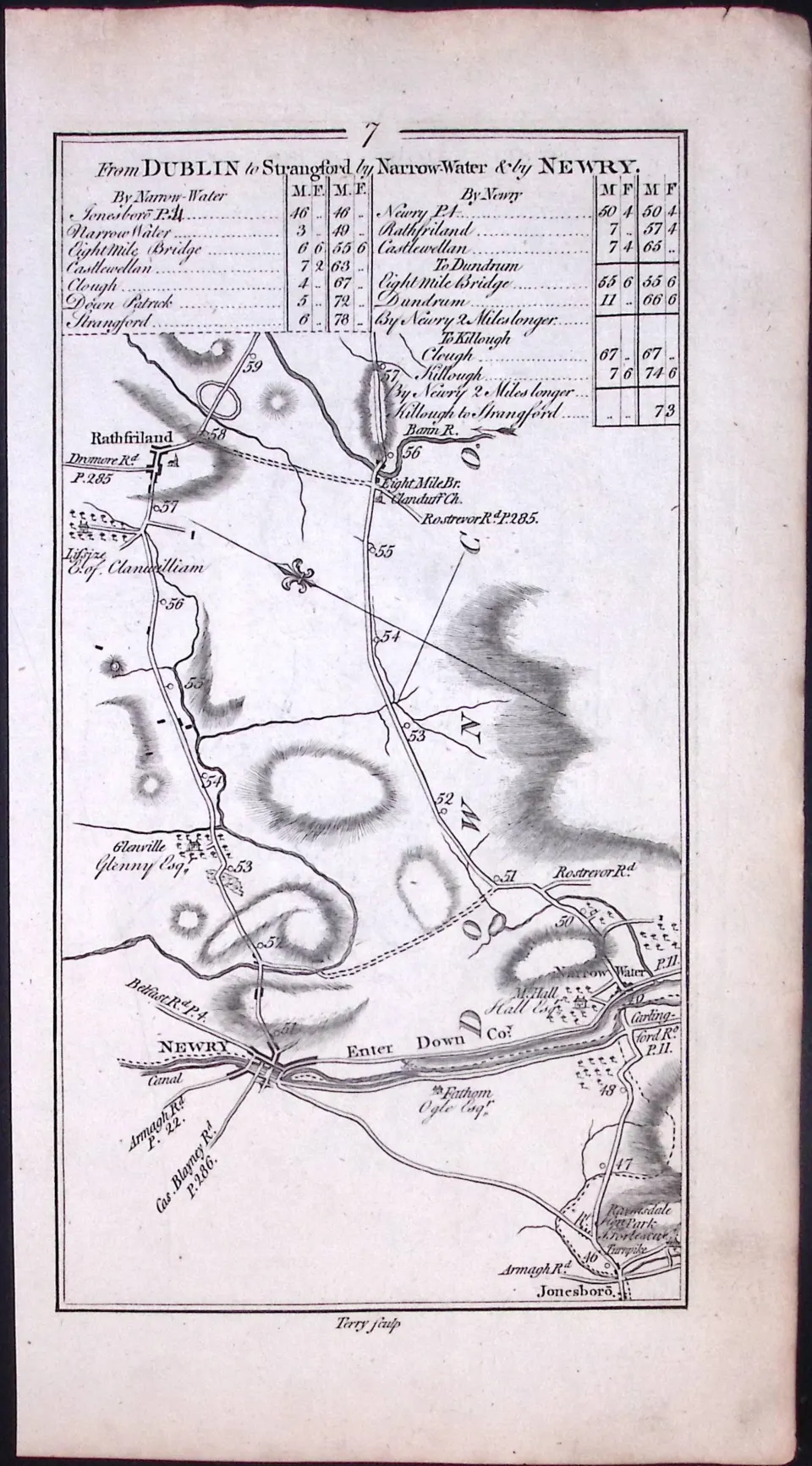 Ireland 245 Years -Old Antique Road Map Dublin to Downpatrick- 8
