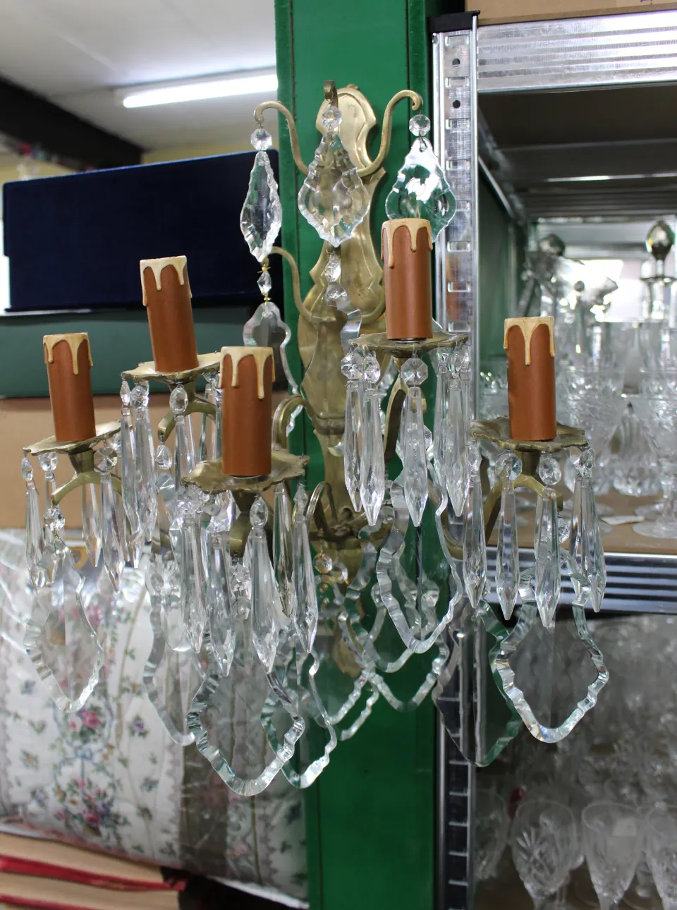 Pair of Vintage French Crystal & Brass Wall Lights