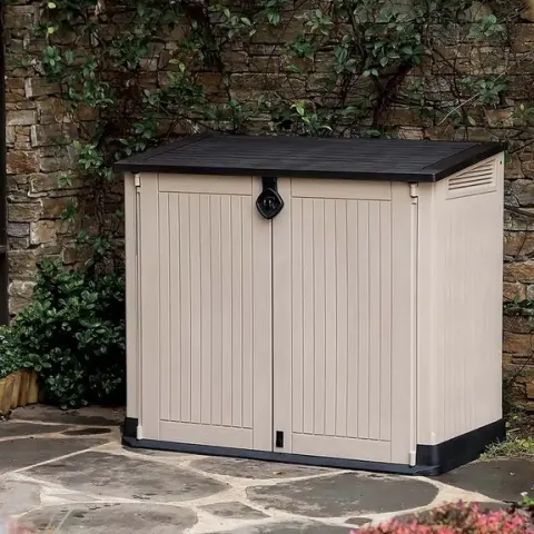 (22/Mez/P10) RRP £125. Keter Store It Out MIDI Beige/Brown. 880L Storage Capacity. Stylish Wood Eff