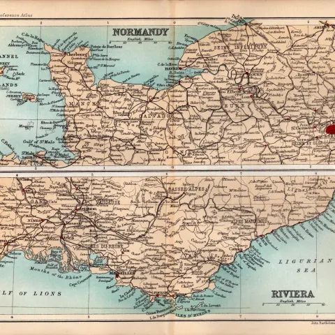 Normandy & The Riviera Double Sided 126 Years-Old Antique 1896 Map.
