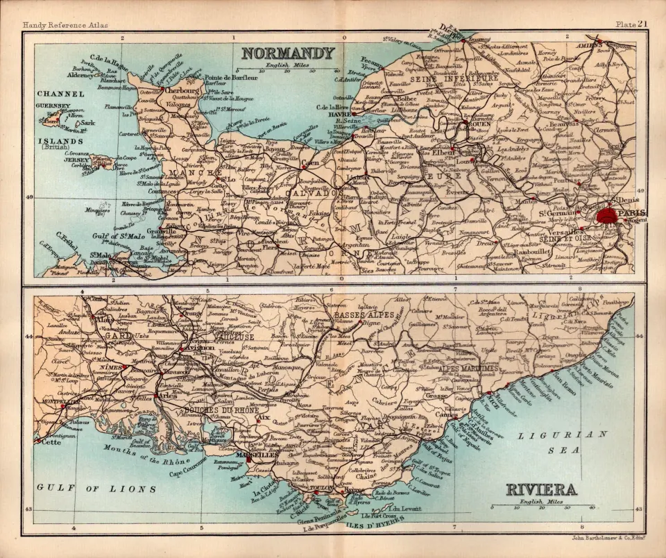 Normandy & The Riviera Double Sided 126 Years-Old Antique 1896 Map.