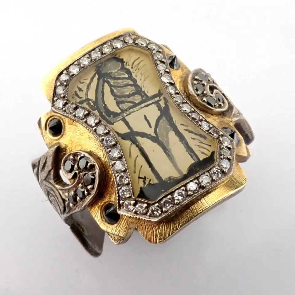 An Exquisite Hand-Made and Micro-Painted Cross Ring Detailed With Brilliant Diamonds and Gold On Sil