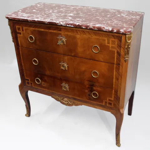 French Louis XVI Style Inlaid Commode with Rouge Marble Top
