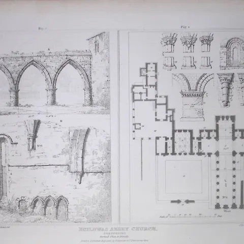 Buildwas Abbey Shropshire 190 Years-Old Rare John Britton Antique Steel Engraving-79