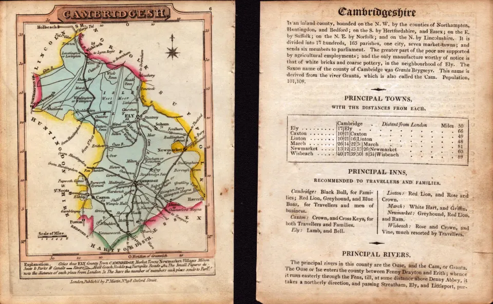 Cambridgeshire Engraved Hand Coloured George IV Antique Map & Text.