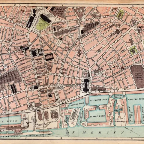 Central Liverpool Road & Steet Plan Coloured Vintage 1924 Map.