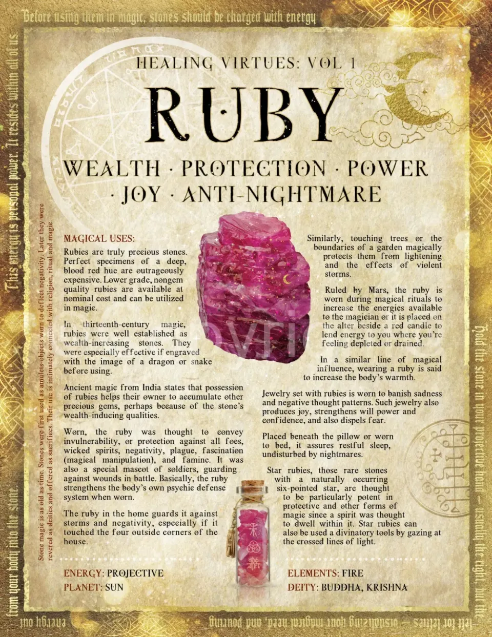 Crystals Gem Stone "Ruby" Healing Virtues Designed Information Metal Wall Art