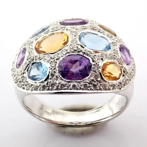18K White Gold Ring Detailed With Semi Precious Stones and Brilliant Diamonds