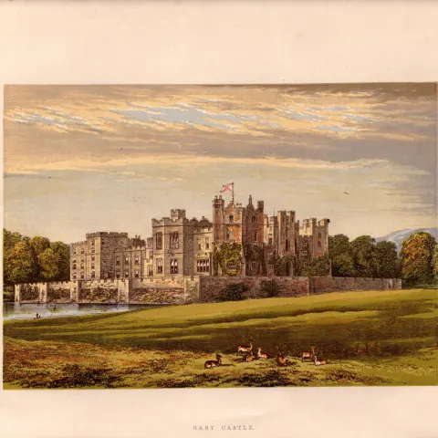 Raby Castle Durham Gilt-Edge Coloured Antique Book Plate.