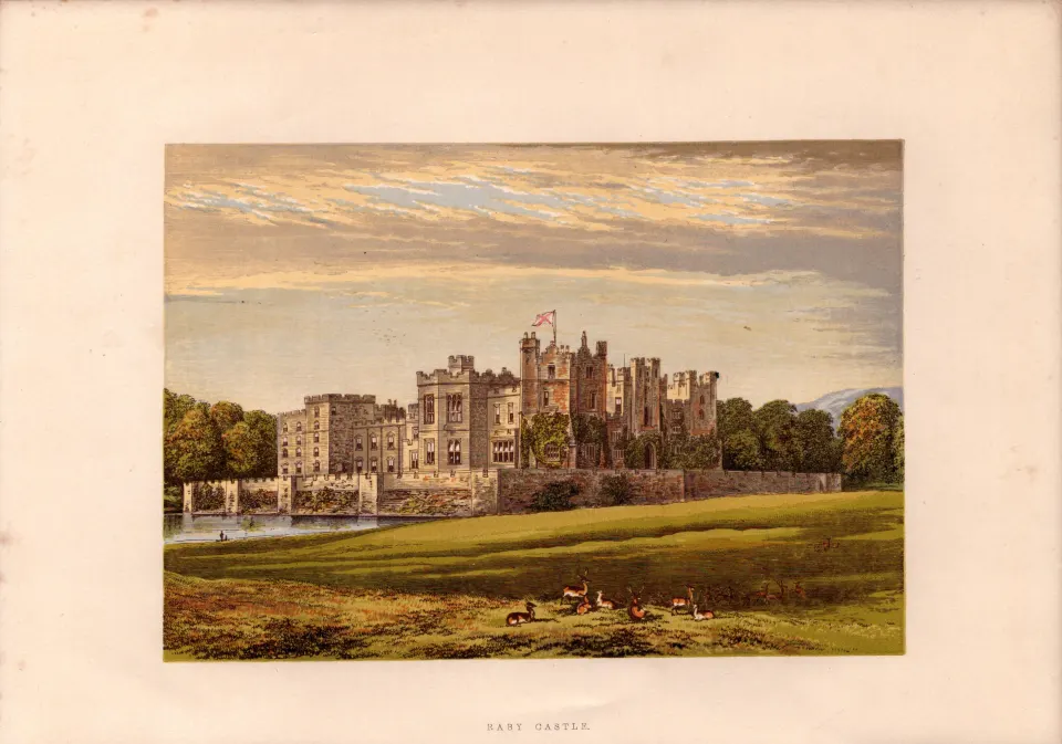 Raby Castle Durham Gilt-Edge Coloured Antique Book Plate.