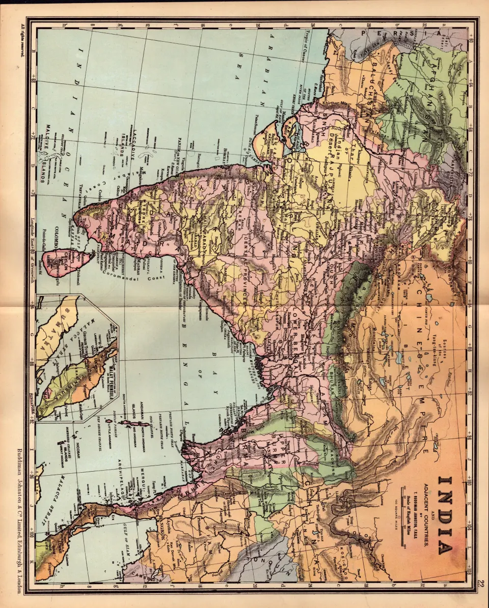 India & Adjacent Countries Antique Detailed Coloured Map.