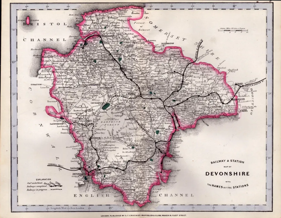 Devonshire Cruchley Scarce Antique Railways & Stations Coloured Map.