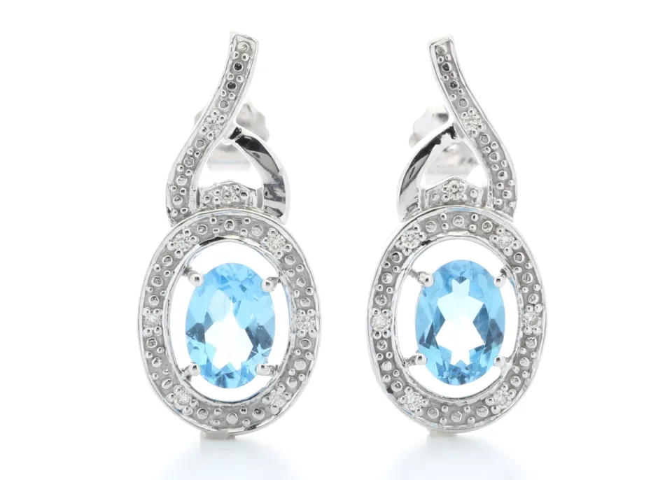 9ct White Gold Diamond And Blue Topaz Earring (BT1.69) 0.05 Carats
