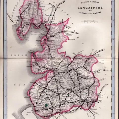 Lancashire Cruchley Scarce Antique Railways & Stations Coloured Map.
