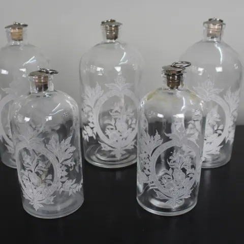 Set of Five Victorian Etched Glass Apothecary Bottles c.1880