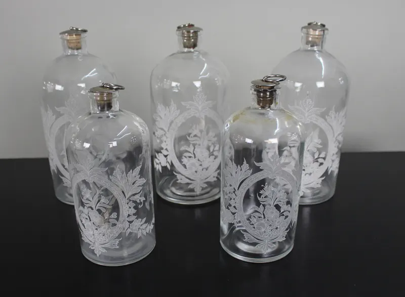 Set of Five Victorian Etched Glass Apothecary Bottles c.1880