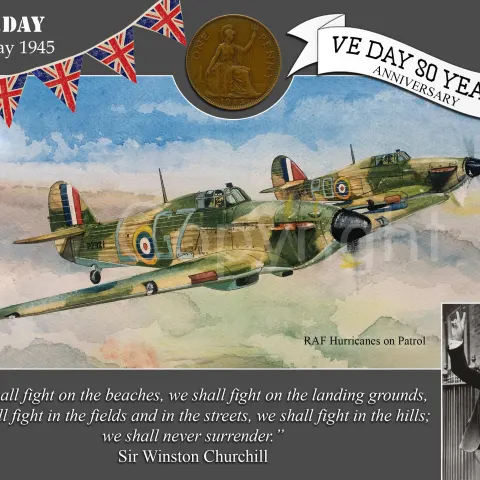VE Day 80th Anniversary Designed Metal Art Coin Display Hurricanes On Patrol