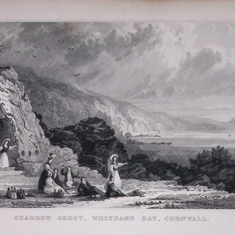 Cornwall Sharrow Grott, Whitsand Bay Antique 193 Years-Old Steel-Engraving-43
