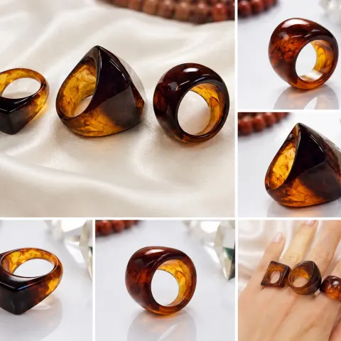 Set of 3 Amber-Style Statement Rings – Brown & Honey Tones
