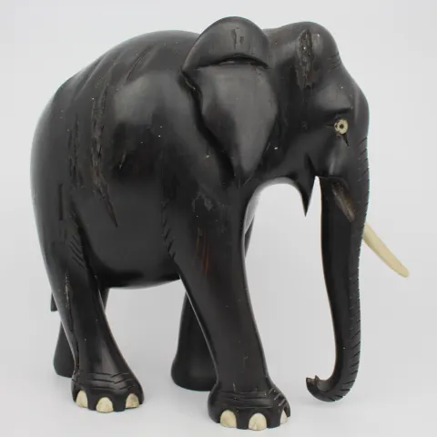 Hand-Carved Wooden Elephant with Bone Inlay, c. Mid-20th Century