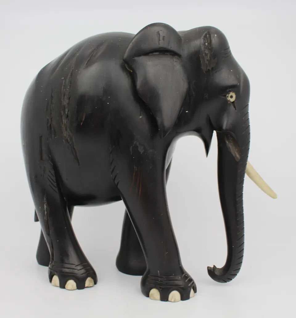 Hand-Carved Wooden Elephant with Bone Inlay, c. Mid-20th Century
