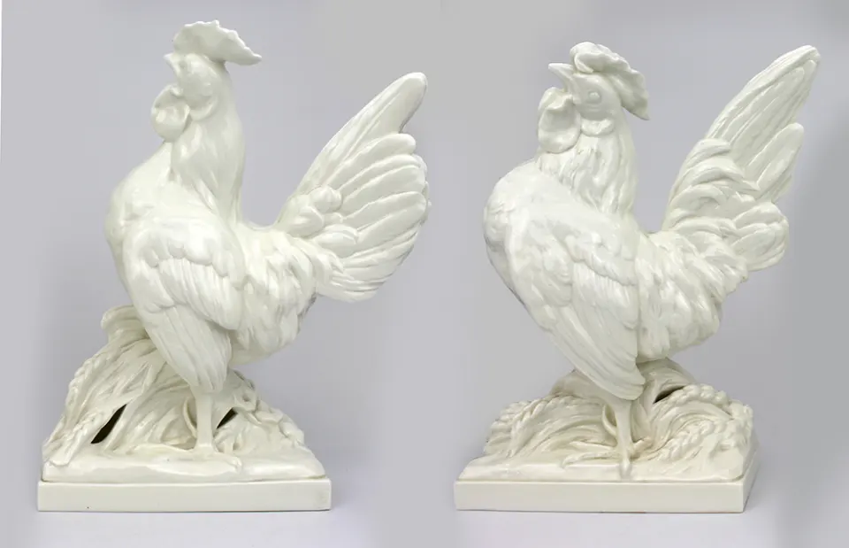 Pair of Royal Worcester Blanc de Chine Roosters A.Azori Liseron 3581