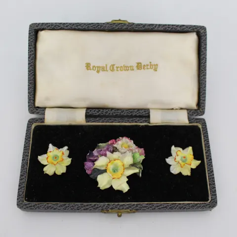 Vintage Royal Crown Derby Cased Floral Brooch & Earring Set