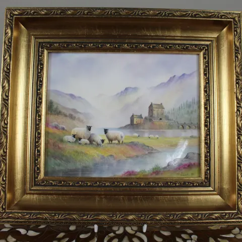 Hand Painted Porcelain Plaque by M.Powell Set in Gilt Frame