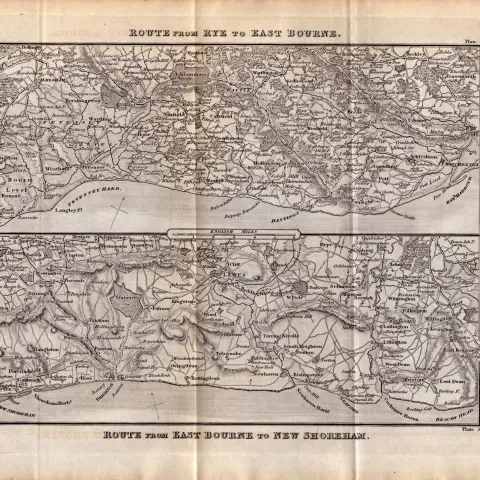 Route Rye To Eastbourne & New Shoreham King George IV Antique Map.