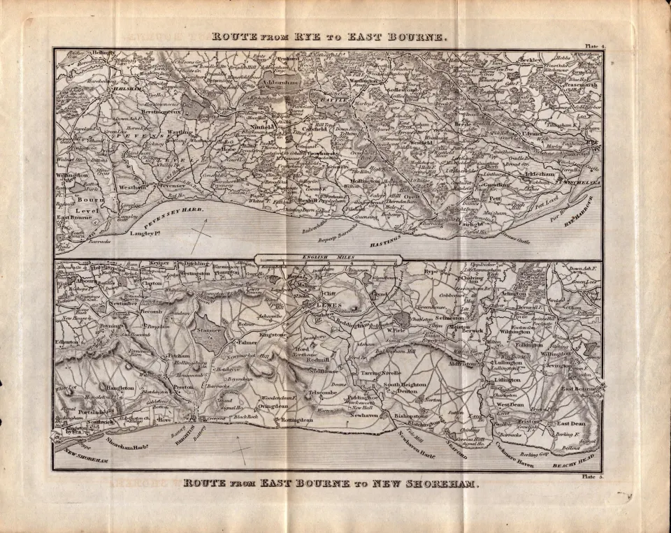 Route Rye To Eastbourne & New Shoreham King George IV Antique Map.