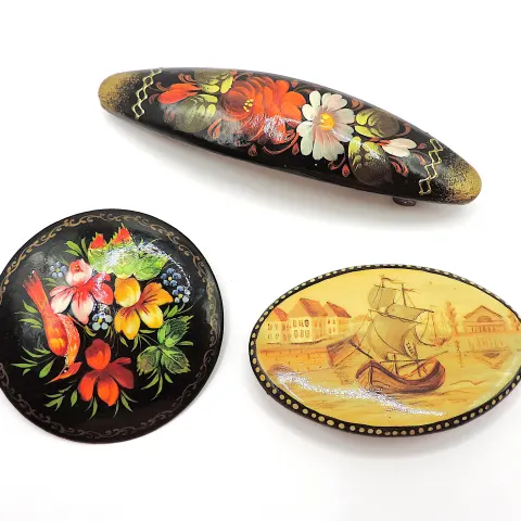 Vintage Russian Lacquer Brooches & Hair Clip