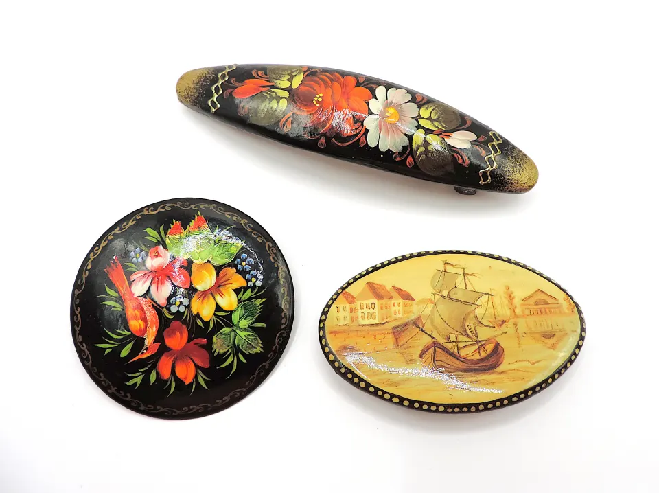 Vintage Russian Lacquer Brooches & Hair Clip